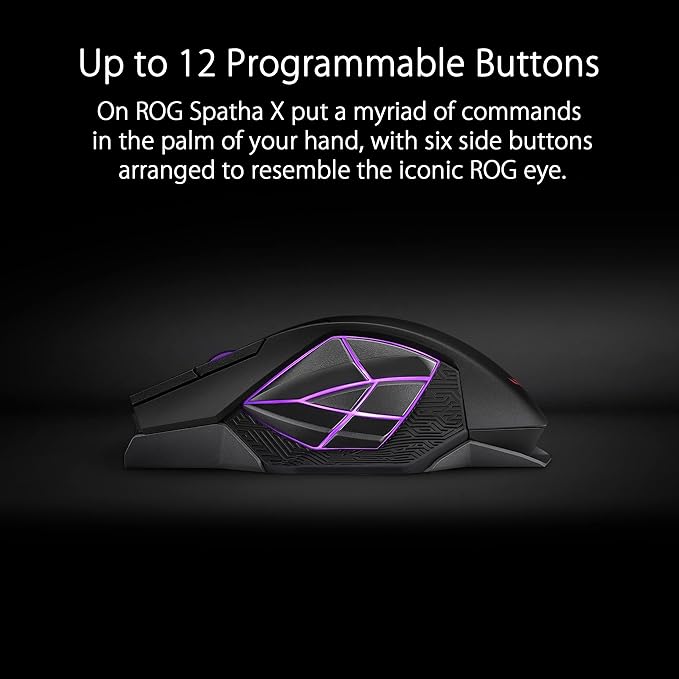 ASUS ROG Spatha X Wireless Gaming Mouse – MMO/MOBA Design, 12 Programmable Buttons, Right-Handed, 168g, Dual-Mode (Wired/2.4GHz), 19K DPI, up to 67Hr Battery, Magnetic Charging Dock, PC/Mac Support - Image 4