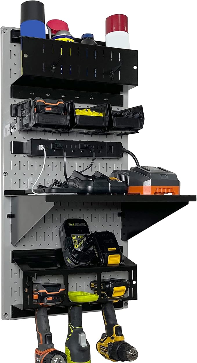 Wall Control Power Tool Storage Organizer Kit Cordless Drill Holder Charging Station Rack 16” x 32” Metal Pegboard Organization System (Grey Pegboard) by Wall+Control