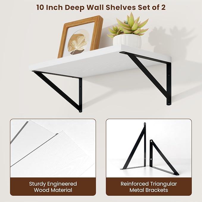 Axeman Deep Floating Shelves, 18'' x 10'' White Wall Shelves Set of 2 - Image 5