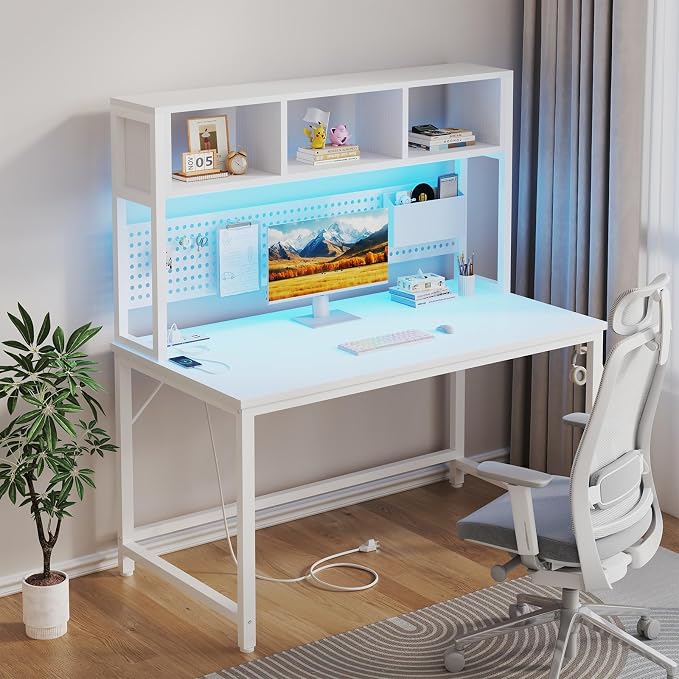 White Gaming Desk with Hutch and Pegboard - Computer Desk with Hutch, Power Outlet, 47 Inch Art Desk with Storage, Hooks, RGB and Side Bag, Writing Modern Study Teen Desks for Girl Bedroom Home Office - Image 2