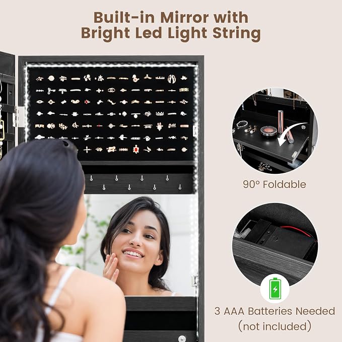 LDAILY 47” LED Jewelry Armoire, Door/Wall Mounted Mirror with Storage, 4 Shelves, 4 Drawers, Full Length Mirror & Flip-up Makeup Tray, Lockable Jewelry Organizer Cabinet for Women & Girls, Gift(Black) - Image 5