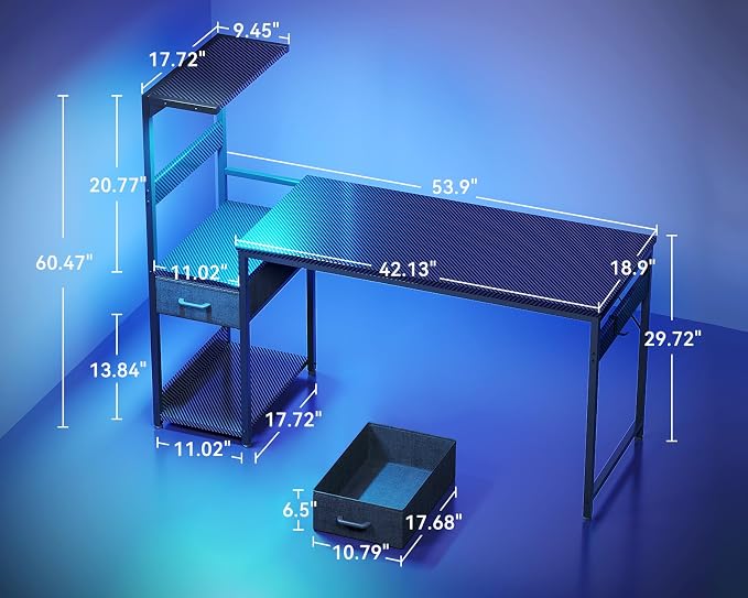 Casaottima 54'' Gaming Desk with LED Lights & CPU Stand, Reversible Computer Desk with Storage Shelves & Fabric Drawer, Modern PC Gamer Table with Headphone Hook, Carbon Fiber Black - Image 3