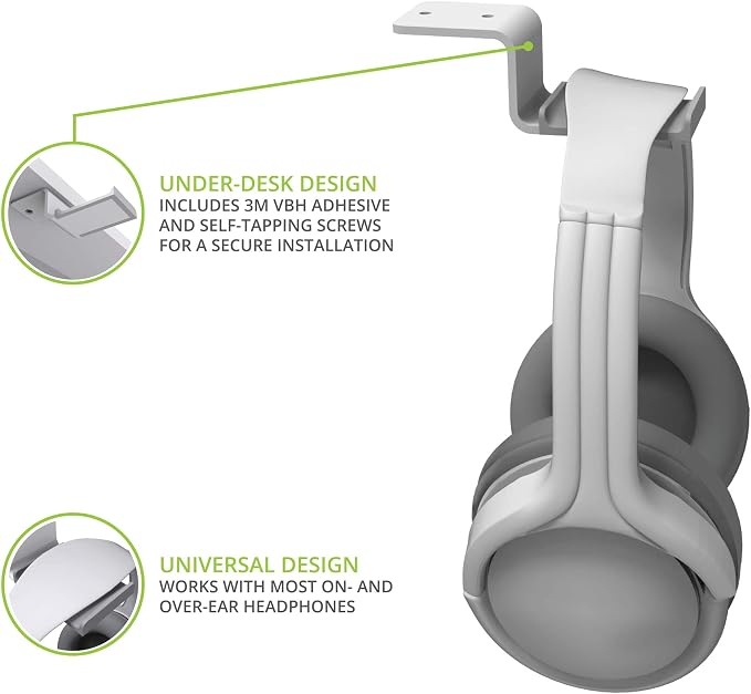 Kanto HH Universal Under Desk Headphone Hook - White - Solid Steel Construction - Mount using 3M adhesive or 2 included screws - Image 3
