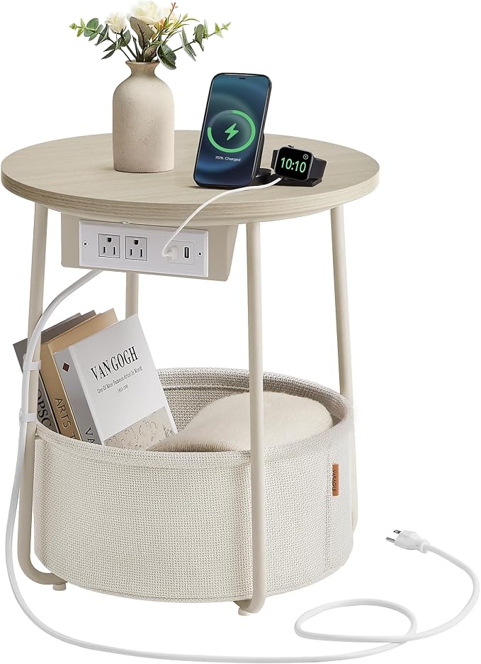 VASAGLE Side Table with Charging Station,Fabric Basket, Round End Table by Unknown