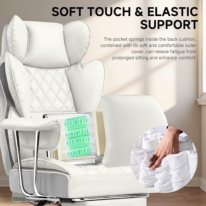 COMHOMA Big and Tall Office Chair, High Back Leather Gaming Chair with Footrest, Executive Ergonomic Office Chairs with Pocket Spring Lumbar Support and with Outward Fixed Soft Armrests - Image 4
