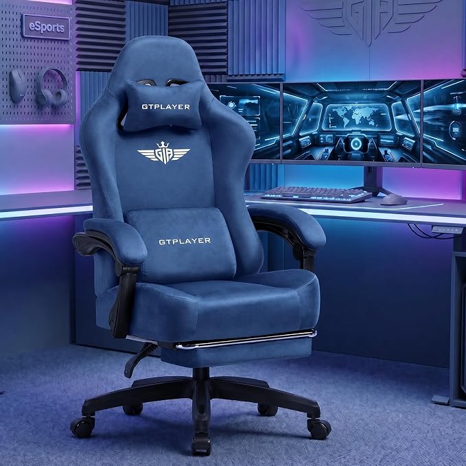 GTPLAYER Big and Tall Gaming Chair 400lbs Heavy Duty Office Chair with Foot Rest, High Back Pocket Spring Ergonomic Computer Chair for Adults, Wide Comfy Seated Cushion with Linkage Armrests, Blue by GTPLAYER