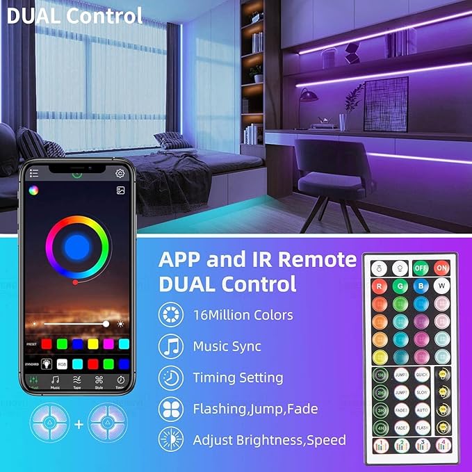 KSIPZE Led Lights for Bedroom 48ft Led Strip Lights with Remote RGB Color Changing Music Sync Bluetooth Smart App Control for Room Bedroom Lighting Flexible Home Décor - Image 2