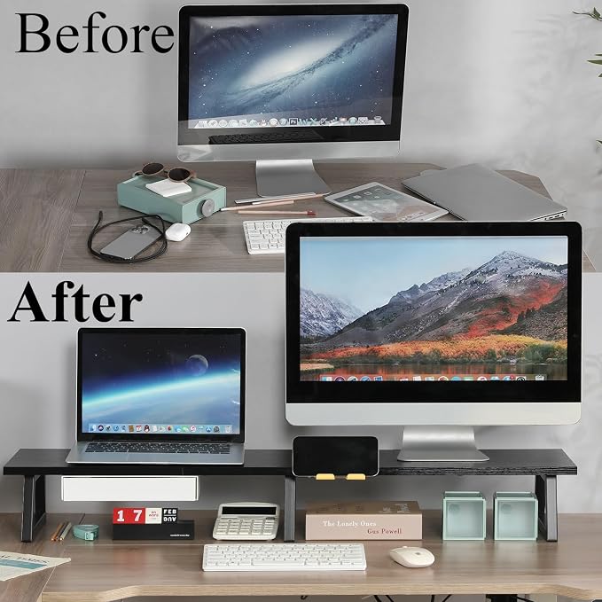 TEAMIX 42 inch Dual Monitor Stand with Storage Drawer & Phone Holder, Black | Laptop, PC, Printer, TV Stand Riser, Wood & Steel, Holds 300lbs, Keyboard & PS5 Storage underneath, For Home Office & Gaming - Image 5
