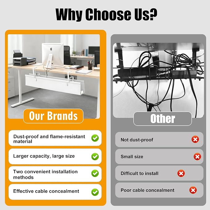 Oxford Cloth Under Desk Cable Management Tray,No-Drill 36" Desk Cable Management Organizer with Clip/Screw Installation,Fabric Cable Management for Home,Office & Gaming Computer(White) - Image 6
