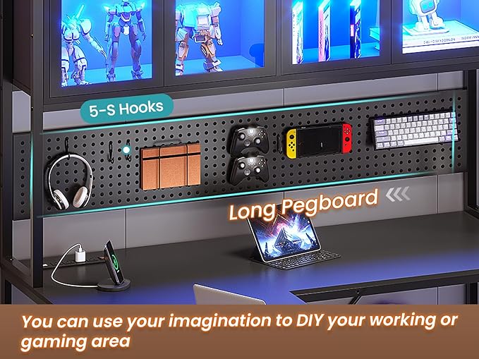 SEDETA L Shaped Gaming Corner Desk with Drawers, Hutch and Storage Shelves | Reversible Computer Desk, Gaming Desk with Pegboard, Led Lights, and Power Outlet for Home Office, Small Space, Black - Image 6