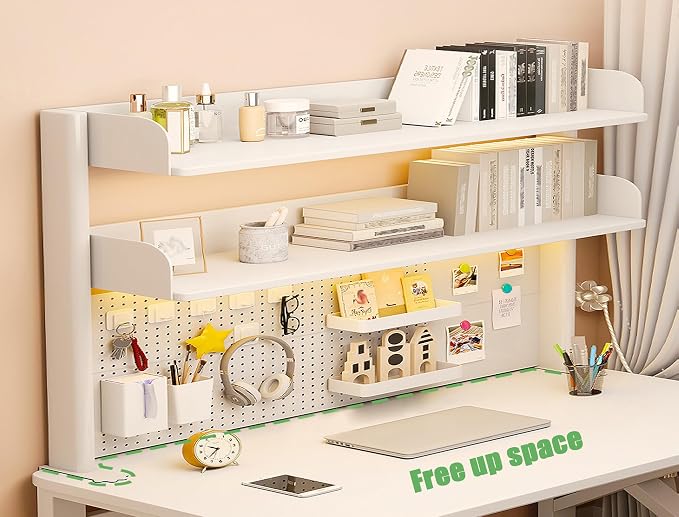 31.5 Inch Clip-on Desktop Organizer Bookshelf with Pegboard, Desk Shelf Organizer, Multipurpose Computer Desk Desktop Bookshelf, Desk Extender Pegboard Clamp, Desktop Display (White) - Image 3