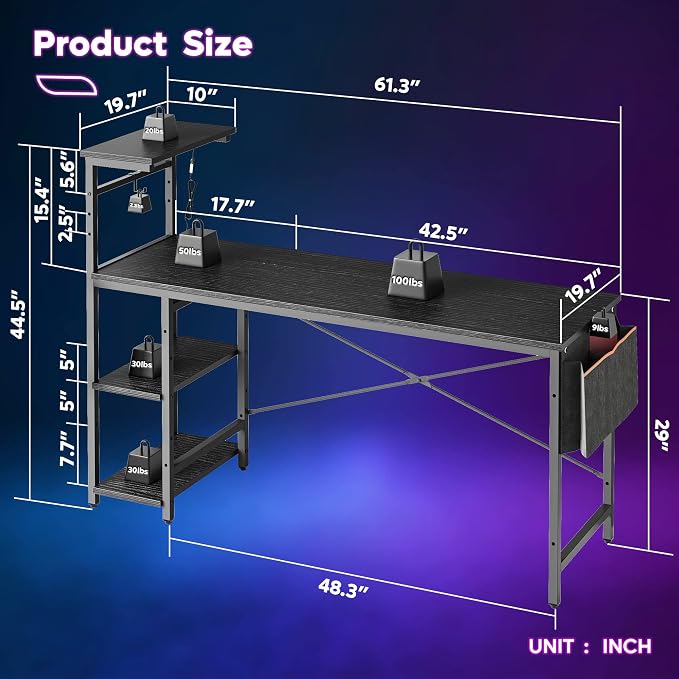 Bestier Gaming Desk with Shelves, 61 Inch Large PC Gaming Table with LED Lights, Led Gamer Desk with 4 Tiers Reversible Storage Shelves for Game & Bedroom Room (Black Grained) - Image 3