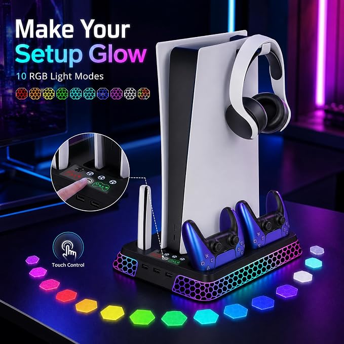 PS5 Stand with Hexagon RGB Aesthetics,PS5 Cooling Station for PlayStation 5 Slim Pro Disc Digital Console with Cooling Fan,Dual Controller Fast Charger USB Hub Headset Holder Game Storage (Black) - Image 4