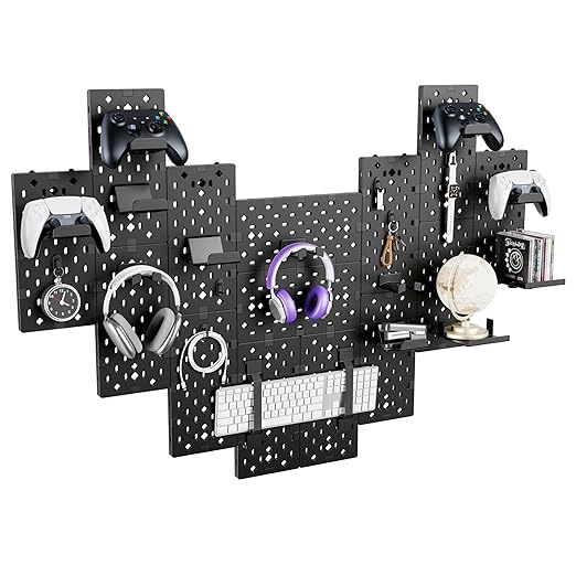 PEGZONE Controller and Headphone Holder Wall Mount, 14pcs, Black | Modular Gaming Pegboard with Accessories, Controller Stand, Disc Shelf Organizer by Pegzone