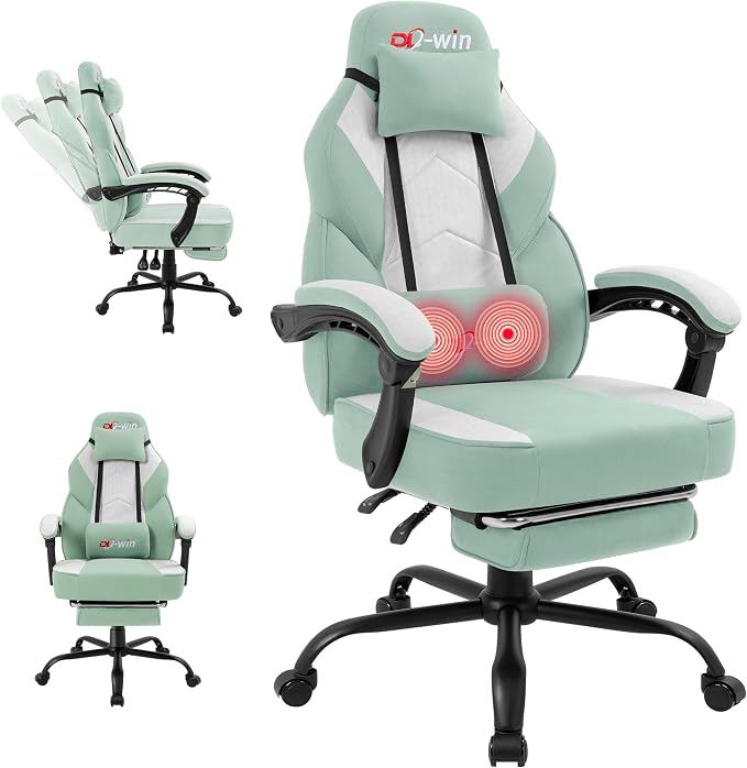 Gaming Chair for Adults with Footrest & Massage Lumbar Support, Ergonomic High Back Gamer Chair, Adjustable Swivel Computer Gaming Chairs with Headrest and Linkage Armrests,Green by GamingChairs
