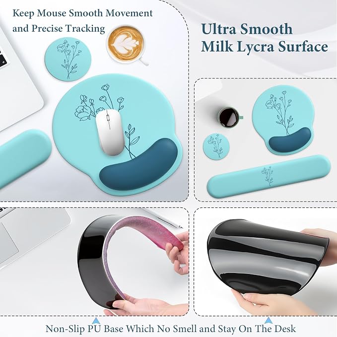 3 in 1 Ergonomic Mouse Pad and Keyboard Wrist Rest with Coaster Set-Blue - Image 3