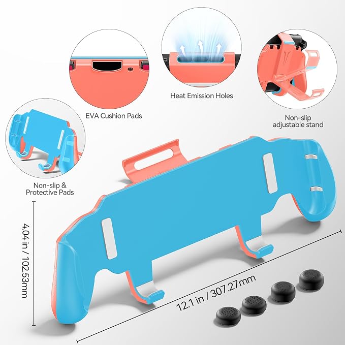 OIVO Grip Compatible with Nintendo Switch 2, Switch 2 Ergonomic Grip Case with Adjustable Stand, Comfort Game Accessories with 5 Game Card Slots and 4 Thumb Caps, Blue Orange - Image 6