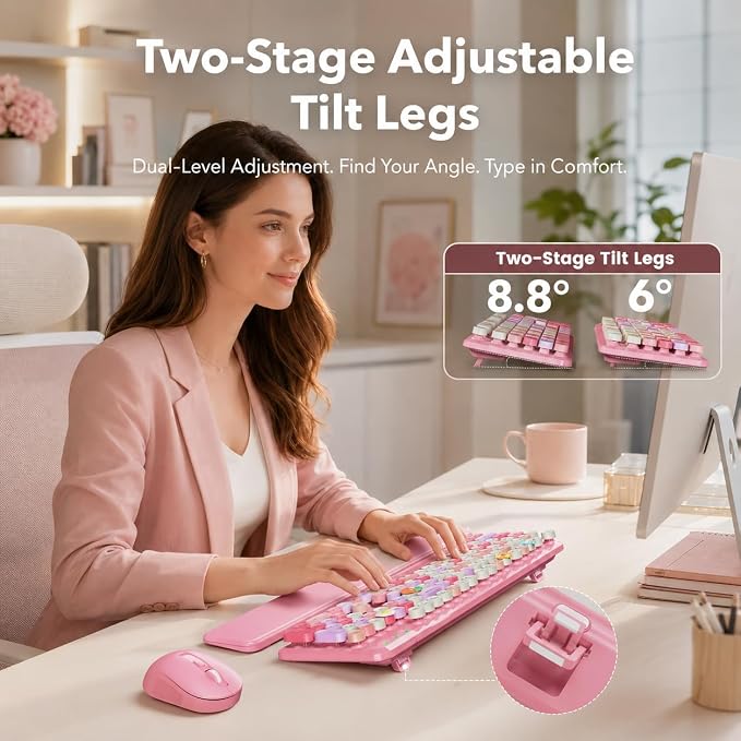 Wireless Keyboard and Mouse Combo, Retro Typewriter Style Keyboard with Round Keycaps, Magnetic Wrist Rest, Full-Size 2.4GHz Cordless for Mac, Windows PC, Laptop, SABLUTE CK23, Cotton Candy Pink - Image 4