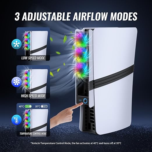 Cooling Fans for PS5 Pro/Slim, Adjustable 3 Speed Fans with LED Light, Quiet and Efficient Cooling System,USB 3.0 Port for PlayStation5 Pro/Slim Disc/Digital Edition Console-Black&White - Image 3