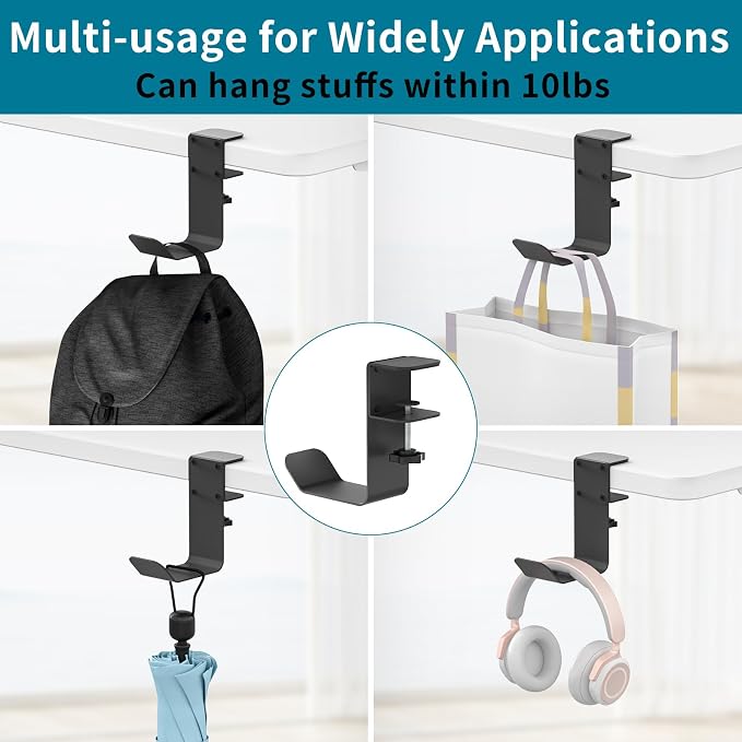 tiebutie Clamp-On Under Desk Headphone Holder/Backpack Hook/PC Gaming Headset Headphone Hanger Mount, Provides a Convenient Place to Hang Headsets or Bags - Image 5