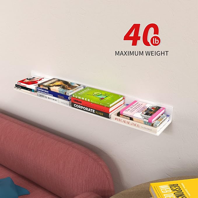 Sezanrpt 36 Inches Acrylic Wall Shelves 2 Pack, Floating Shelf for Wall Mounting, Acrylic Display Ledges for Funko Pop Figures, Home Décor, Living Room, Gaming Room, Plants(36 inch, White) - Image 5