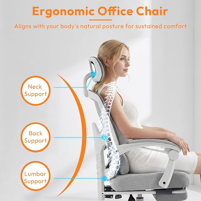 Ergonomic Office Chair with Footrest, Comfortable Desk Chair Gaming Chair | Leg Rest, Swivel Mesh Desk Chair with Headrest and Lumbar Support for Home, Office, Work, Study, Grey - Image 6