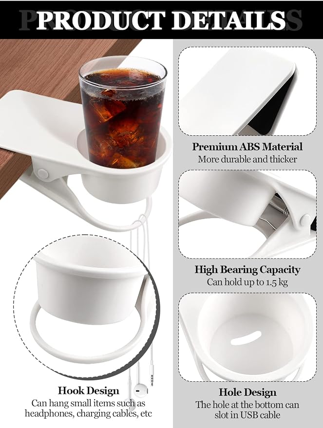2PCS Clip on Cup Holder for Chair, Kalolary Desk Drink Holder Clamp, White - Image 3