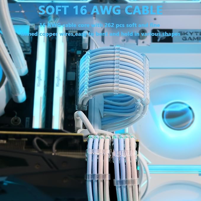 Sirlyr PSU Cable Extension,Customed Pre-Bend PC Power Supply Cable,1x 24 Pin ATX / 1x 8 (4+4) Pin EPS/Longer 2X 8 (6+2) Gold-Plated Pin Pcie,Nylon Sleeved Blue White,4 Kits - Image 4