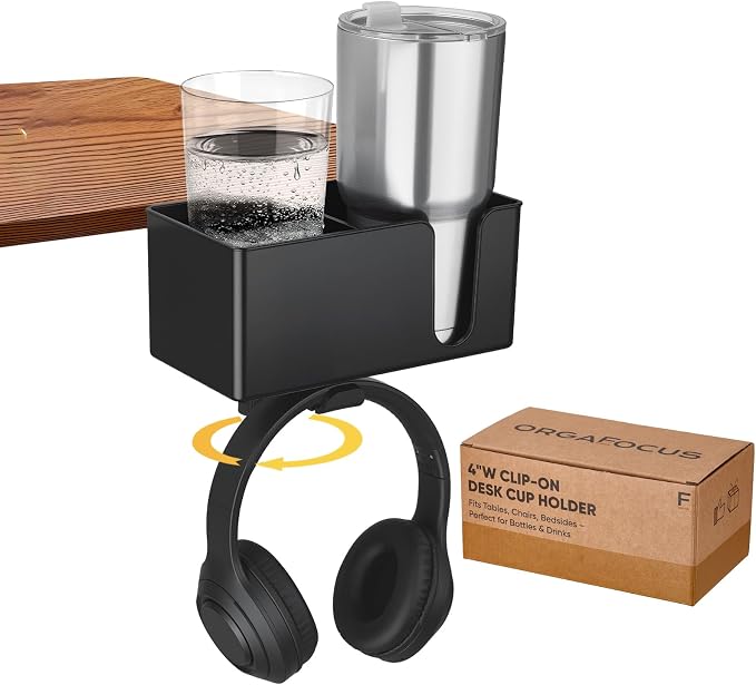 4-in-1 Clip On Desk Cup Holder, Fits up to 40oz cups - Mountable Holder with Adjustable Divider & 360° Rotating Hook - No Spill Clamp On Drink Holder Attachment - for Desk Chair Table Bed Tray - Black by Unknown