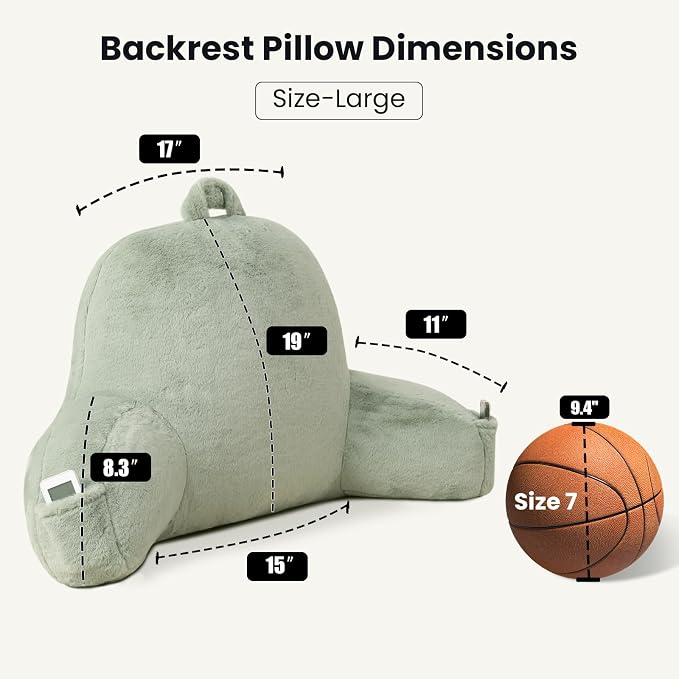 Large Plush Backrest Pillow for Sitting in Bed,Faux Fur,Green | 19" Back Pillow with Arms Supports Adults,College Students,Elbows & Forearms for Dorm Reading,Gaming,Watching TV - Image 3