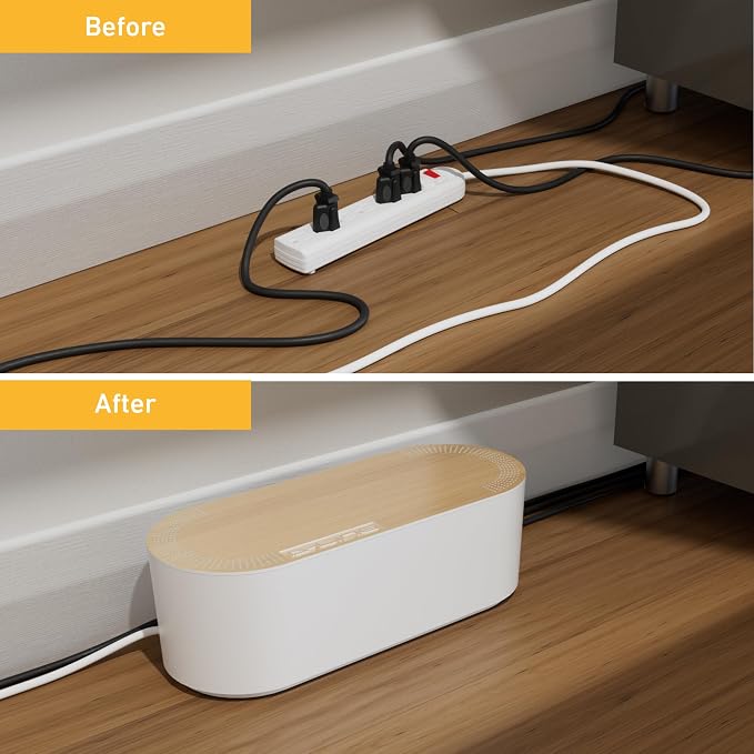D-Line Cable Management Box, Power Strip Holder, Floor Outlet Hiders, Desk Cord Organizer, Cover TV Wires, Wire Storage, Extension Hider, Office Concealer for Cords - Large, Wood-Effect Lid - Image 6