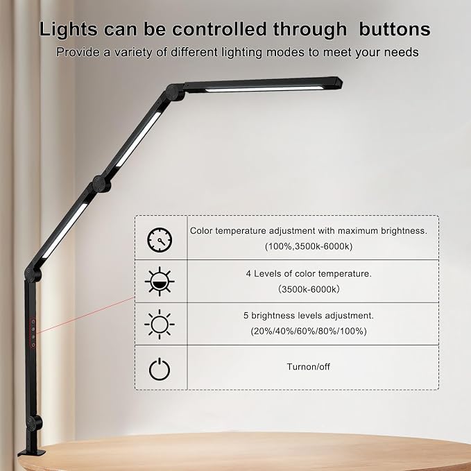 LED Desk Lamp with Clamp & Flexible Arm - 3 Light Sources, 4 Color Modes & 5 Brightness Levels, Eye-Caring Table Light with Memory Function - Image 5