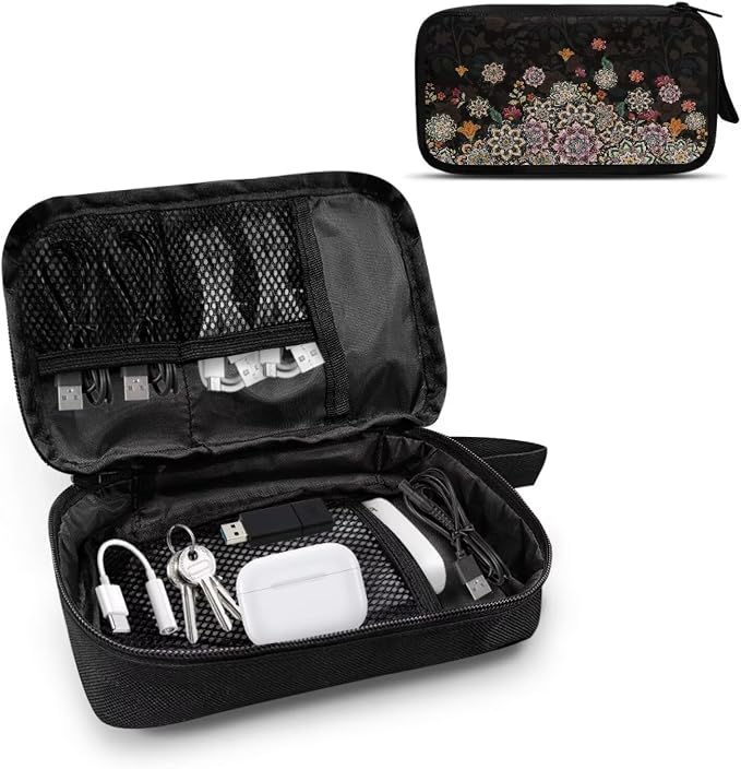 Boho Flower Print Electronic Organizer Travel Universal Accessories Storage Bag Portable for Hard Drives, Cables, Memory Sticks, Charger, Phone, USB, SD Cards - Image 2