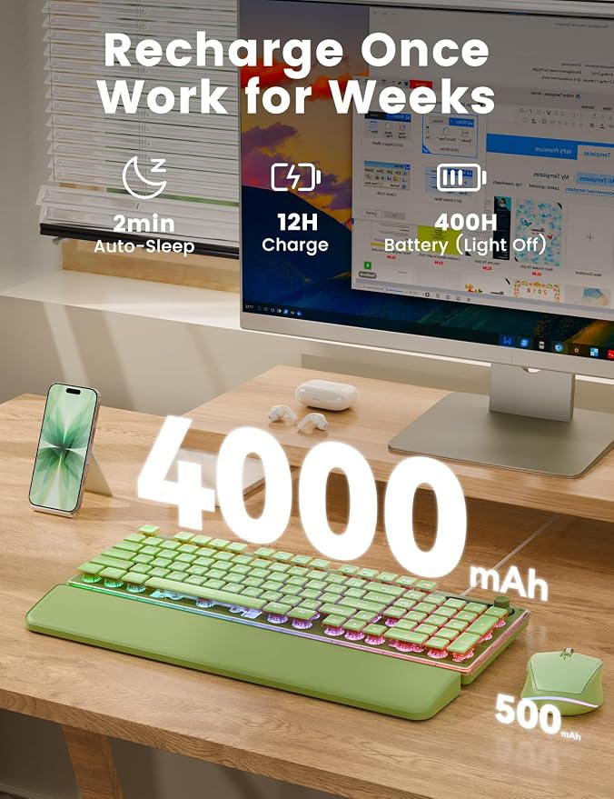 Wireless Keyboard and Mouse Combo - 9 Backlit Effects, Wrist Rest, Double-Shot Keycaps, Metal Panel, Long-Lasting Rechargeable, 2.4G Keyboard Mouse Set for Windows Mac PC Laptop – Sablute (Green) - Image 4