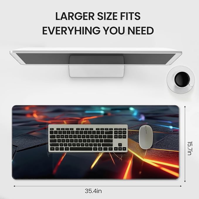 Large Gaming Mouse Pad, Abstract Geometric Orange and Blue Pattern, Extended 35.4 x 15.7 Inches, Non-Slip Rubber Base, Stitched Edges, XXL Desk Mat - Image 6