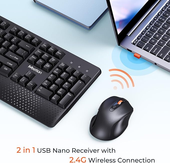 MEETION Wireless Keyboard and Mouse Combo, Full-Size with Wrist Rest Black - Image 2