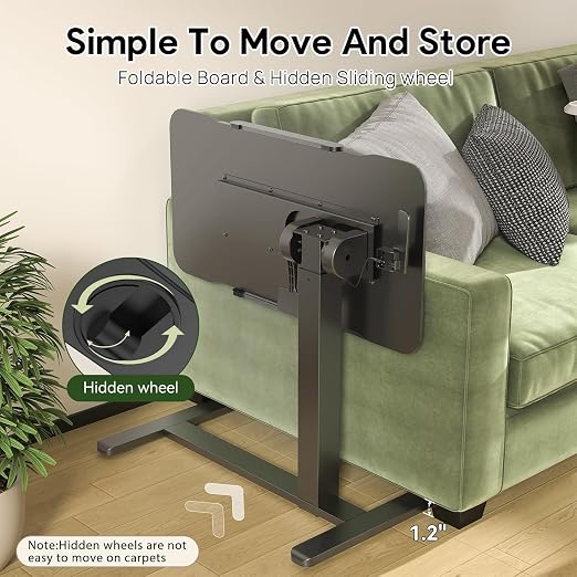 Mobile Standing Desk Adjustable Overbed Table, Pneumatic Height Adjustable Rolling Laptop Desk with Hidden Wheels, 0-180°Tilt Top Rolling Computer Cart Foldable for Home Office, Craft & Study, Black - Image 5