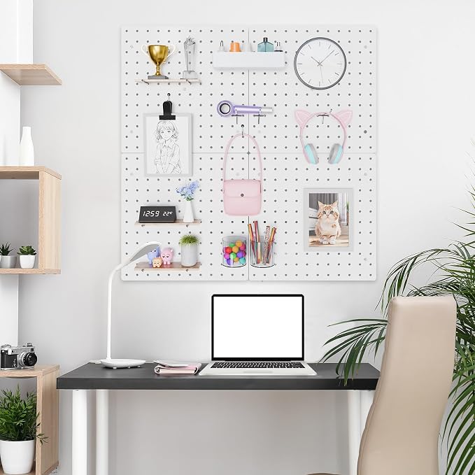 FZK Modular Plastic Pegboard Wall Organizer Kit, White， 12x12, 4 Panels | ABS material, wall mount storage kit, includes hooks and shelves, drill free or screw installation, for home decor & office - Image 2