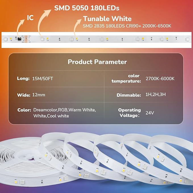 50Ft RGBWW+IC LED Strip Lights, Multi-Colored+3000K-6500K with Remote - Image 2