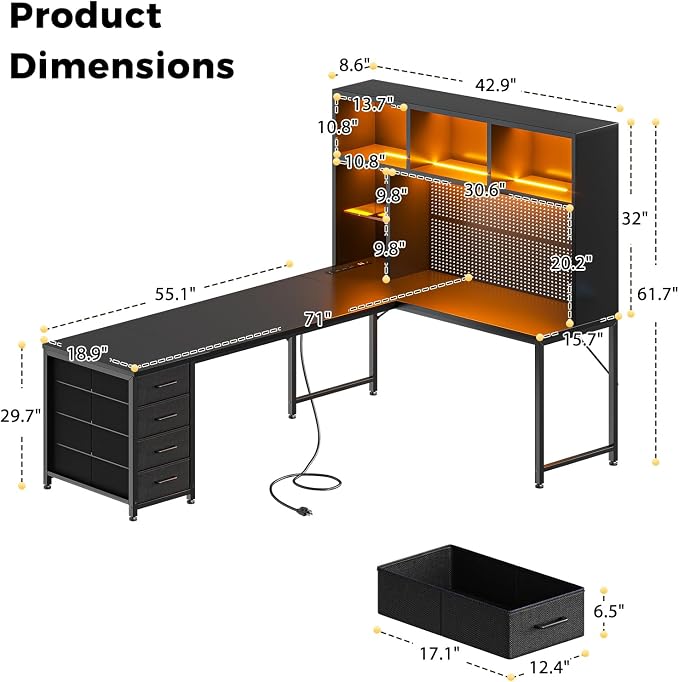 AODK 71" L Shaped Desk for Gaming and Working，Black | PC Desk with Hutch, Pegboard & Shelves, 4 Drawers, Integrated LED Light Strip & Power Outlets, Reversible - Image 3