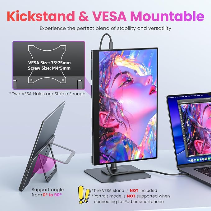Upperizon Portable Monitor 15.6 inch FHD 90% sRGB 60Hz HDR HDMI USB-C Travel Monitor for Laptop MacBook PC Surface PS5 Xbox, External Display with Kickstand & Speakers, VESA Compatible - Image 5