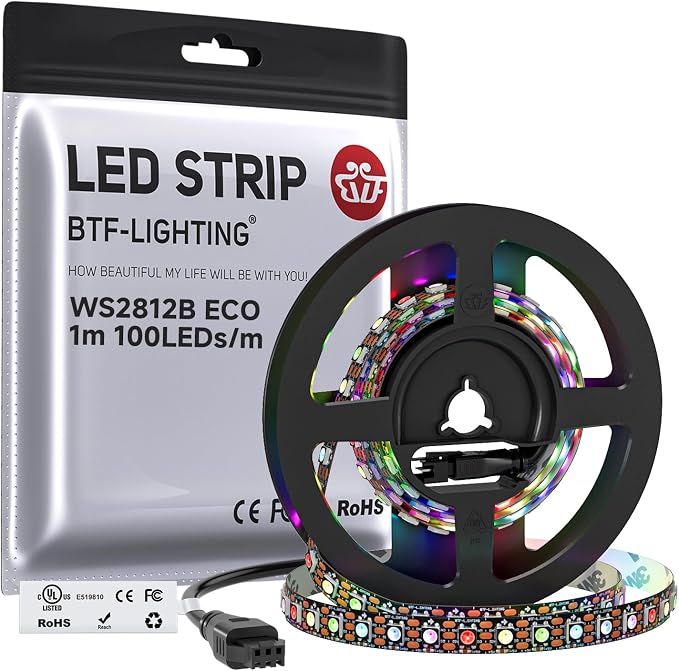 BTF-LIGHTING WS2812B ECO RGB LED Strip,UL Listed,Individually Addressable,3.28FT 100LED/m 100Pixel DC5V 5050SMD,Alloy Wire Flexible 3M Tape for DIY Chasing Color Project IP30(No Adapter or Controller) by BTF-LIGHTING