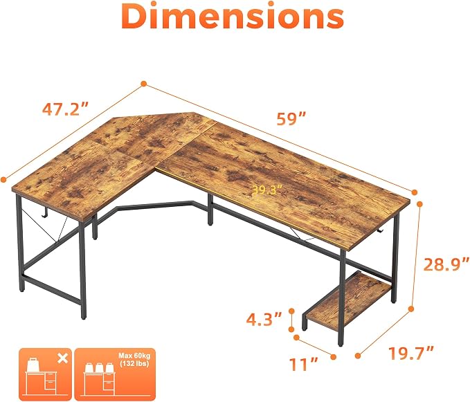 Mericonia 59 inch L Shaped Desk with CPU Stand, Large Corner Gaming Desk | Simple Computer Desk with 2 Hooks, Office Table for Home Bedroom Study Work Writing, Brown - Image 2