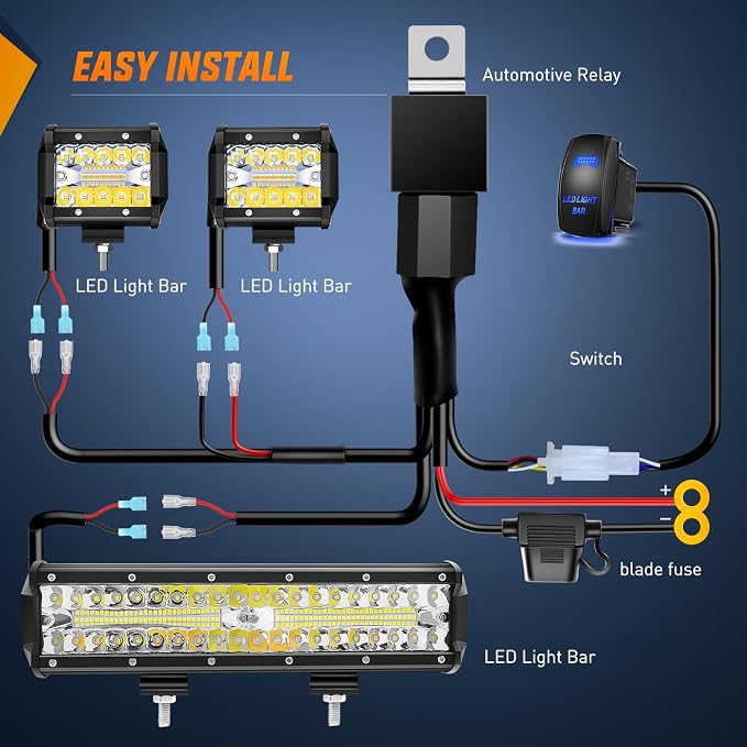 Nilight LED Light Bar 12 Inch 300W Spot Flood Combo 2 Pcs 4 inch 60W LED Pods Boat Driving Fog Lights with Off Road Wiring Harness- 3 Leads for Trucks Pickup Golf Cart SUV ATV UTV 4x4 Van Camper - Image 4