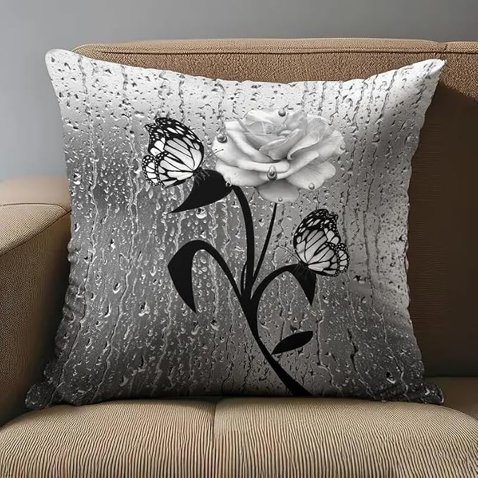2pcs Elegant Decorative Throw Pillow Cover with Butterfly and Rose Design, Black and White Raindrop Pattern, Square Shape，18x18 Pillows Linen Pillowcase - Image 5