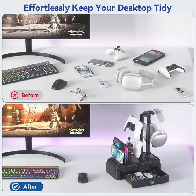 KDD Headphone Stand with Drawer - Rotatable Headset & Detachable Controller Holder for Desk - Multifunctional Organizer with Device Slot for Phones, Tablets - Universal for Gaming Accessories - Image 7