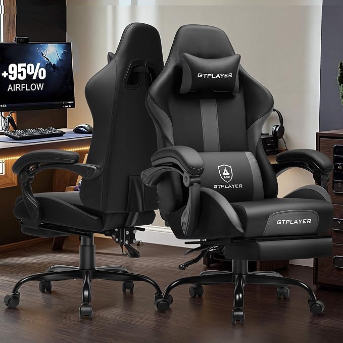 GTPLAYER Gaming Chair with Pocket Spring Cushion, Leather Office Chair with Ergonomic High Back & Lumbar Support for Back Pain Relief, Computer Game Chair for Adults, Gray - Image 2