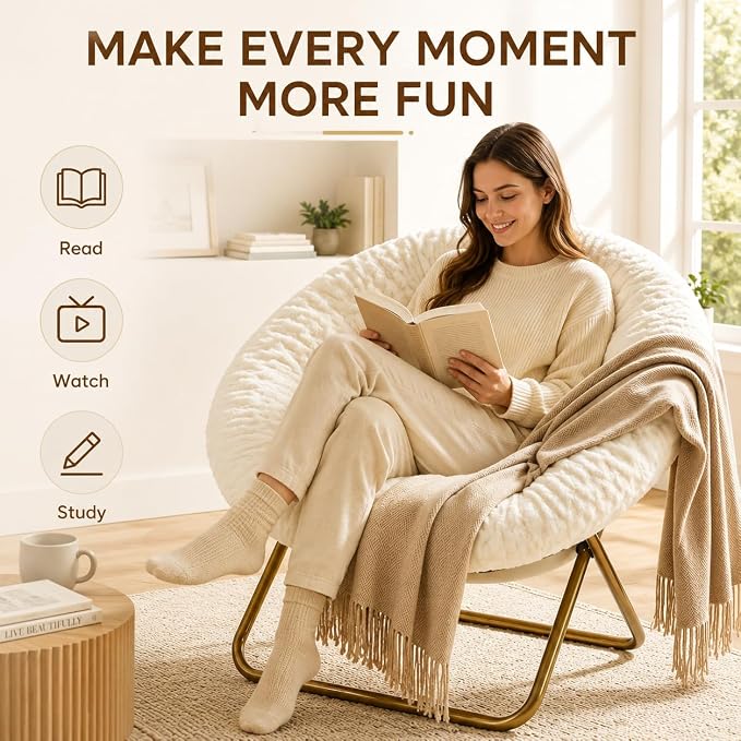 Simple Deluxe Saucer Chair, Round Foldable Reading Chairs, X-Large Size Cozy Papasan Chair, Comfy Furry Padded Moon Chair, Round Dorm Chairs for Bedroom Living Room, White - Image 3