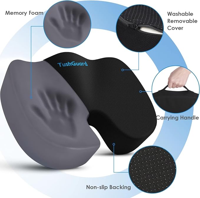 TushGuard Seat Cushion for Office Chair, Car, Memory Foam, Black X-Large | For Back, Coccyx, Sciatica, Tailbone Pain, Ergonomic Design, Non-Slip, Desk Wheelchair Use, Supportive Butt Pillow, For Man - Image 3