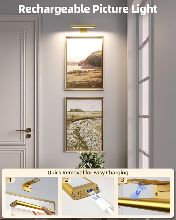 EZVALO Picture Light for Wall, Rechargeable 2400mAh Gold Lights Wireless with IR Remote, 3 Color & Dimmable Magnetic 7.87'' LED Lights Display for Painting, Living Room, Gallery, Bedroom Art (2P) - Image 8